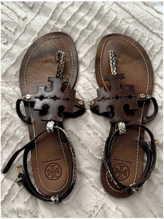 Tory Burch Shoes - Tory Burch Phoebe Chandler Flat Leather Sandals with Snake-Print Trim